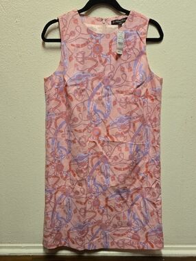 NWT, Brooks Brothers Pink Print Shift Dress Cotton Blend Lined, Size 8